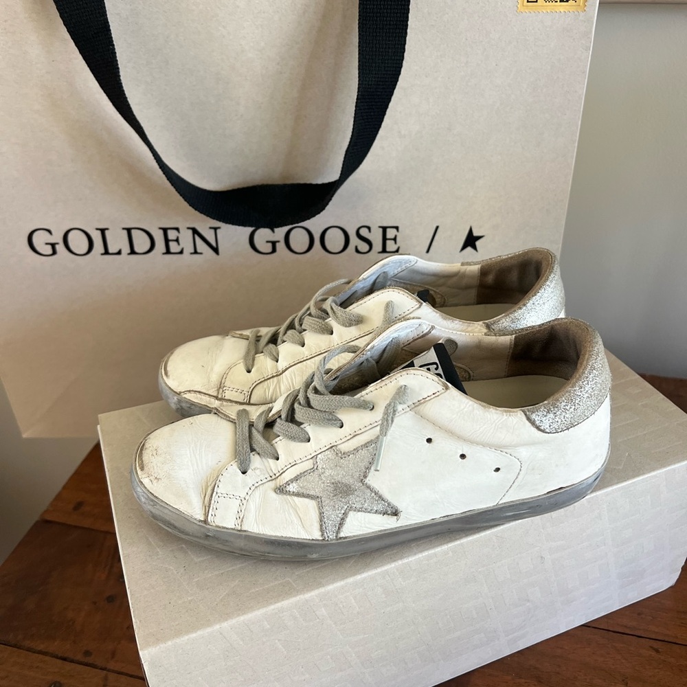 Golden Goose White and Silver Sneakers